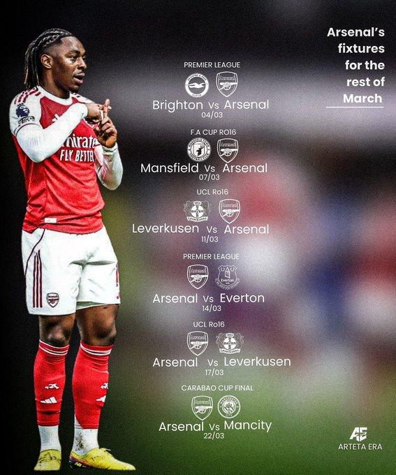 三月份，阿森纳将有6场比赛，包括所有目前阿森纳都有机会争冠的四项赛事：英超、欧冠