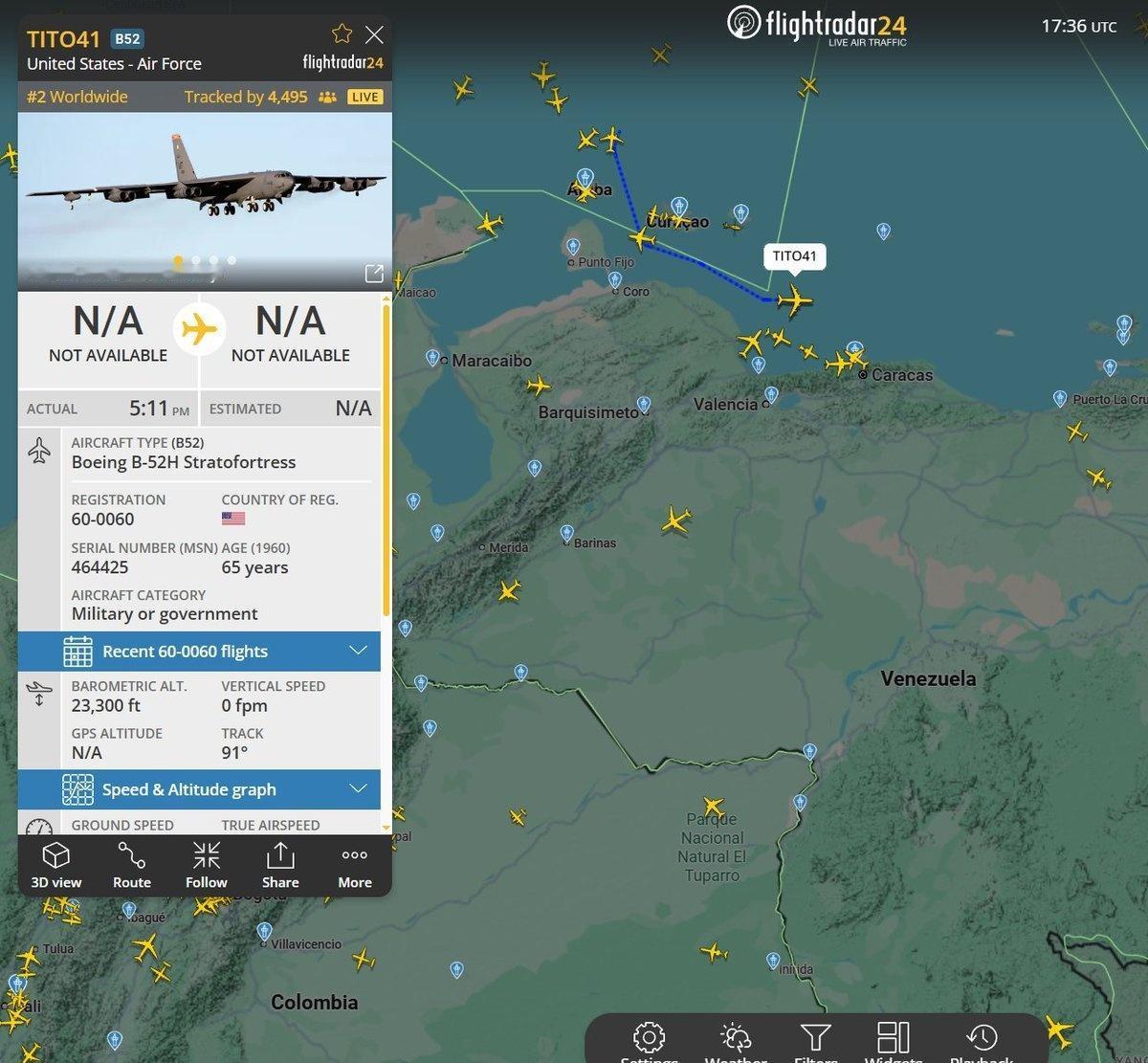 ❗两架美国空军B-52轰炸机飞越委内瑞拉海岸附近的迈克蒂亚飞行情报区玻利瓦尔英