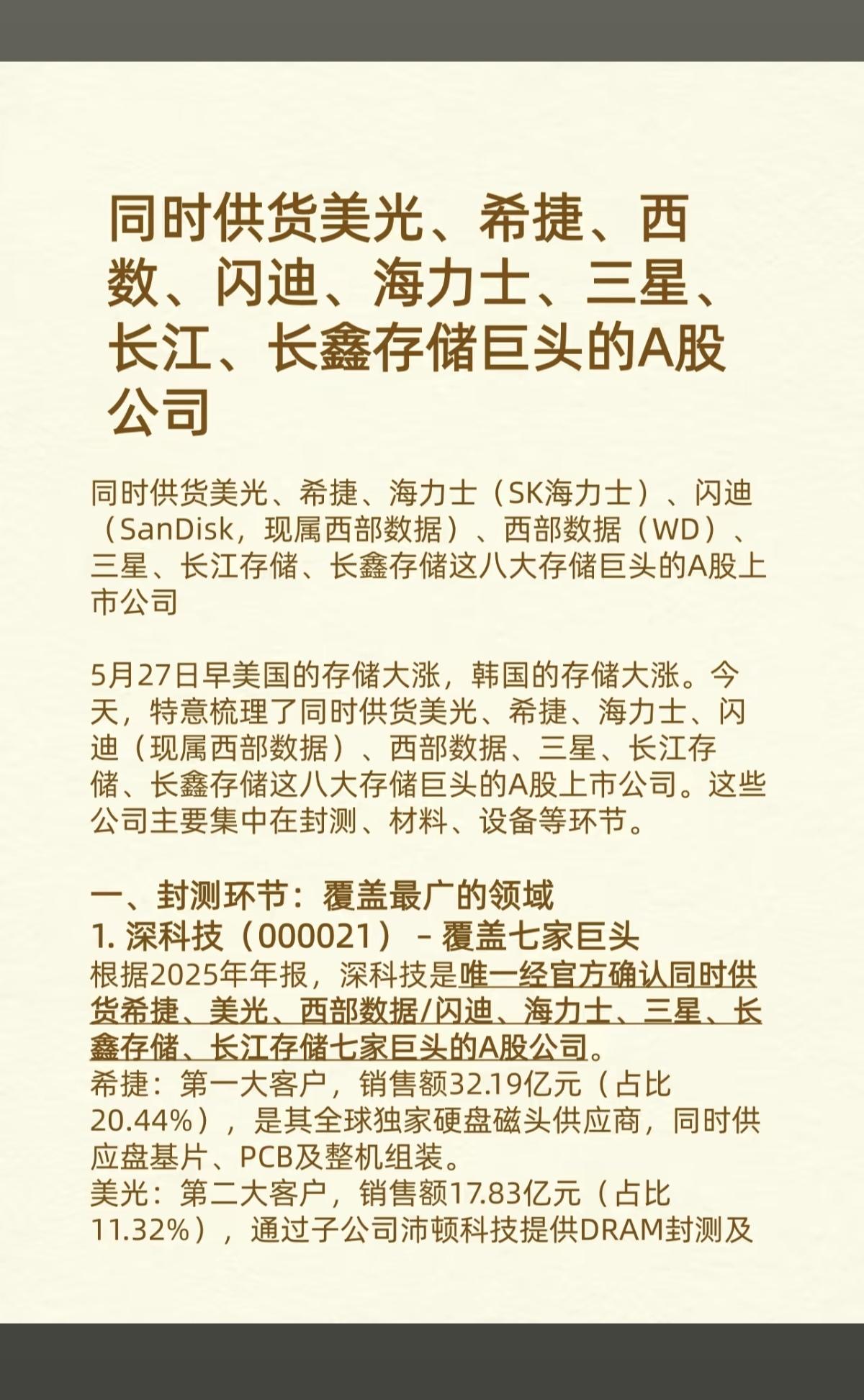 同时供货全球八大存储巨头：A股上市公司！A股，有10家公司，同时供货给：美光