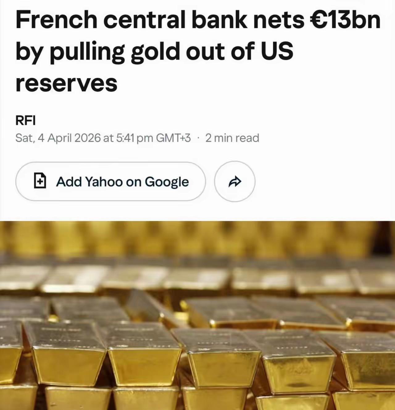 近日，​法国央行出售了129吨存放在美国的黄金，获利130亿欧元。并表示，目