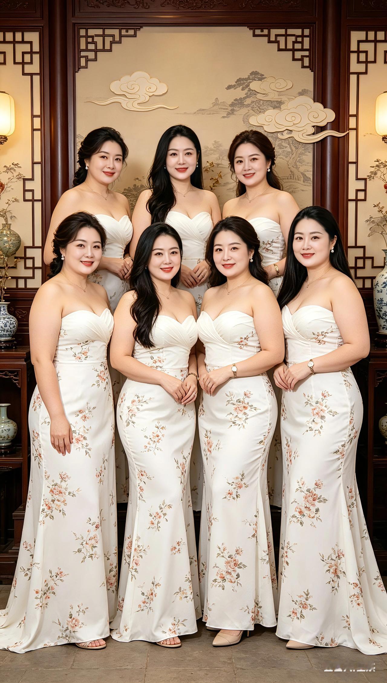一群美女穿着白色衣服合影。七言绝句古雅厅堂聚群芳，碎花长裙韵自扬。姐