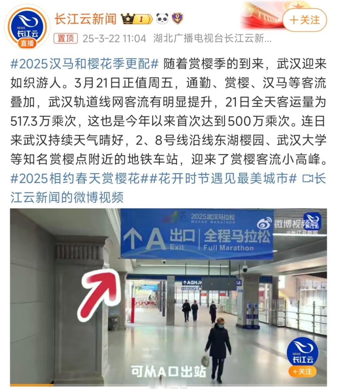 2025汉马和樱花季更配刚刷到说汉马赛事与赏樱需求，轨道交通单日客运量达517.