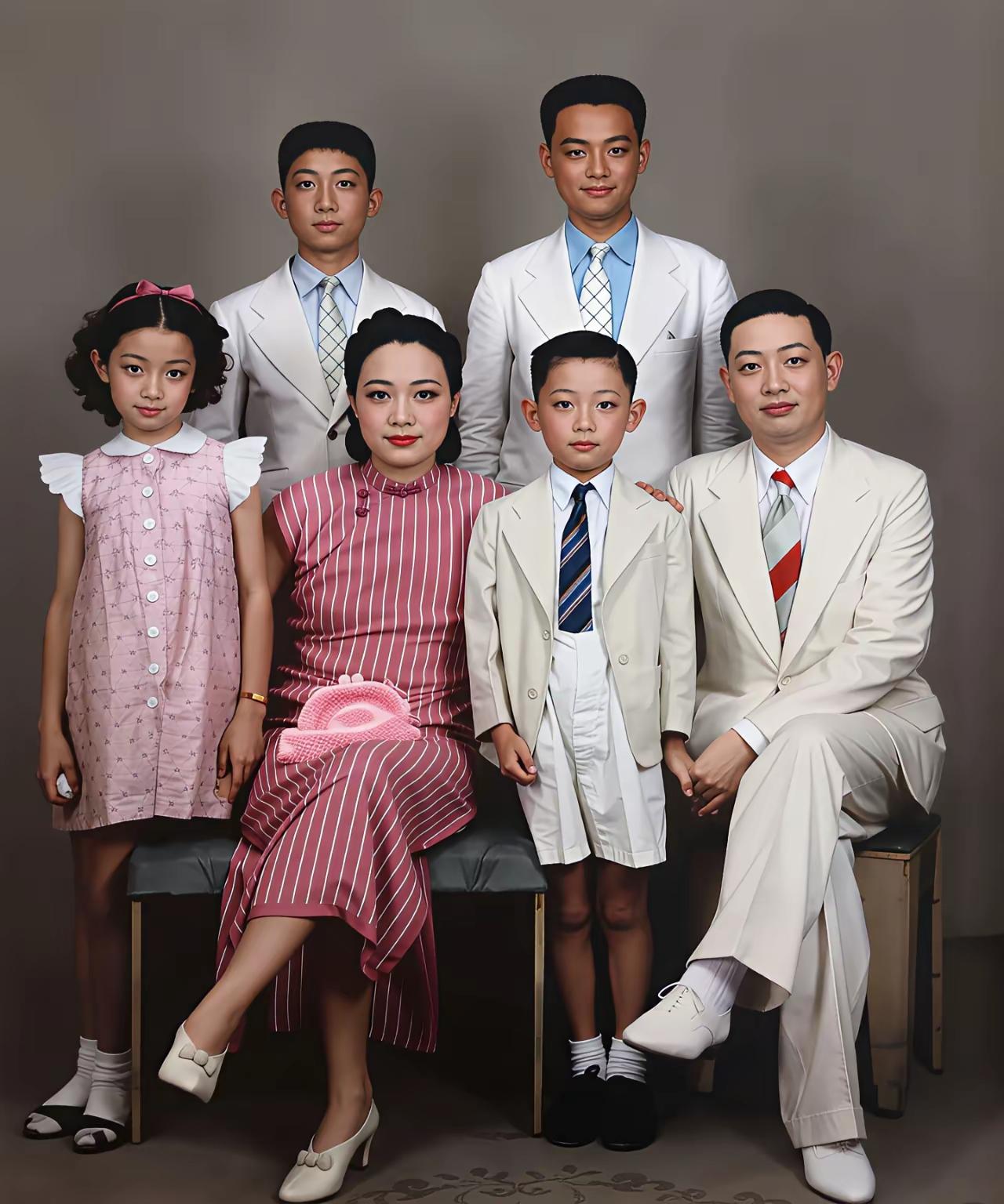 梅兰芳、福芝芳和四个孩子的合影，夫妻两人的遗传基因都太好了，四个孩子颜值都很高。