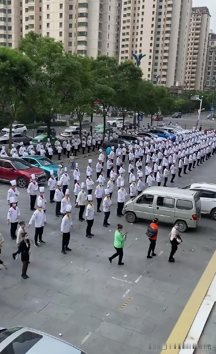 这么多厨师一天得赚多少钱才够发工资!现场直接惊掉下巴：半条街的广场上，白花