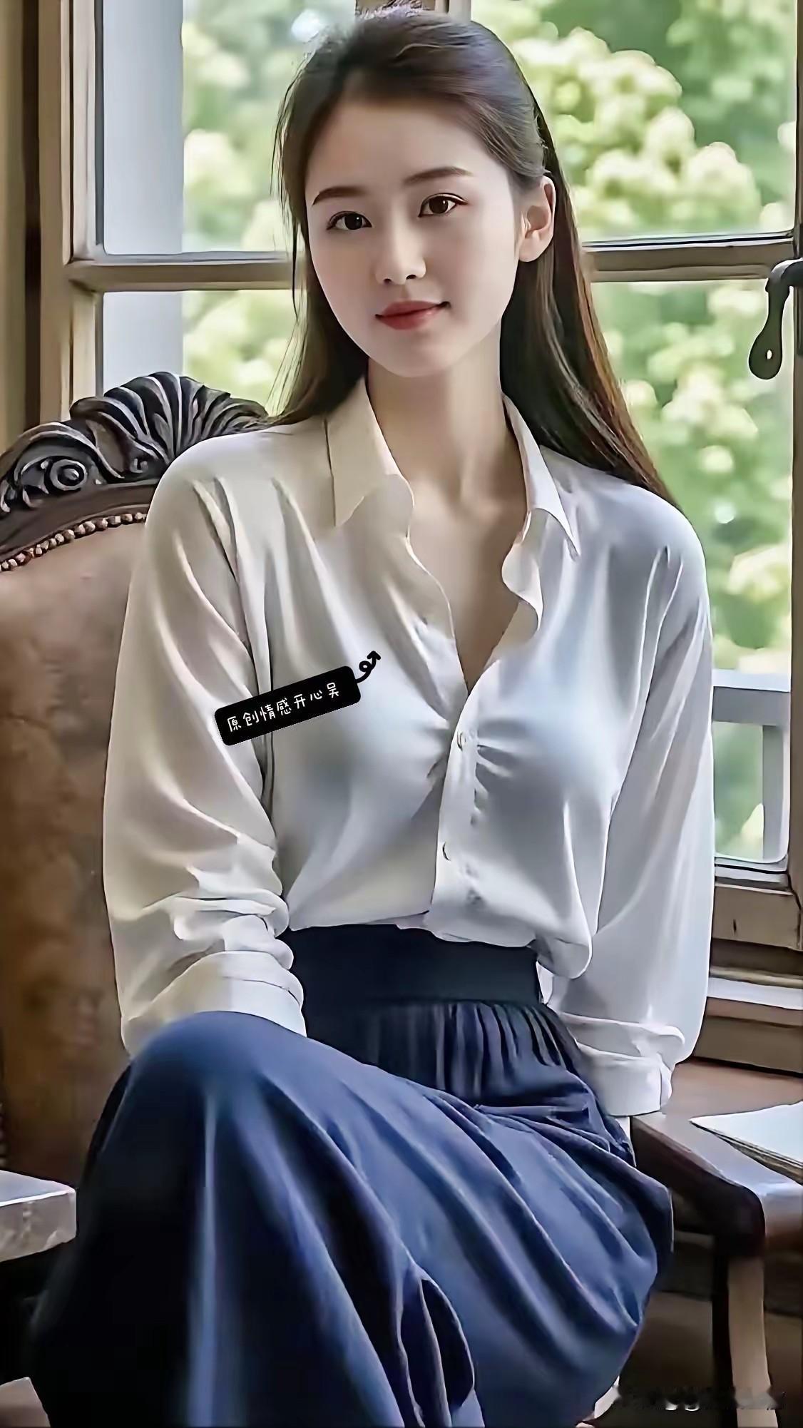 优雅白衬衫搭配深蓝色半身裙，清新自然，尽显女性魅力！