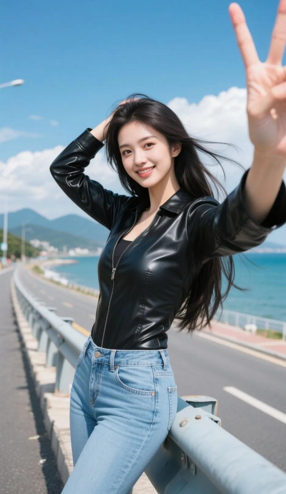 海边风景美，姑娘比个V字笑。海边风景拍照