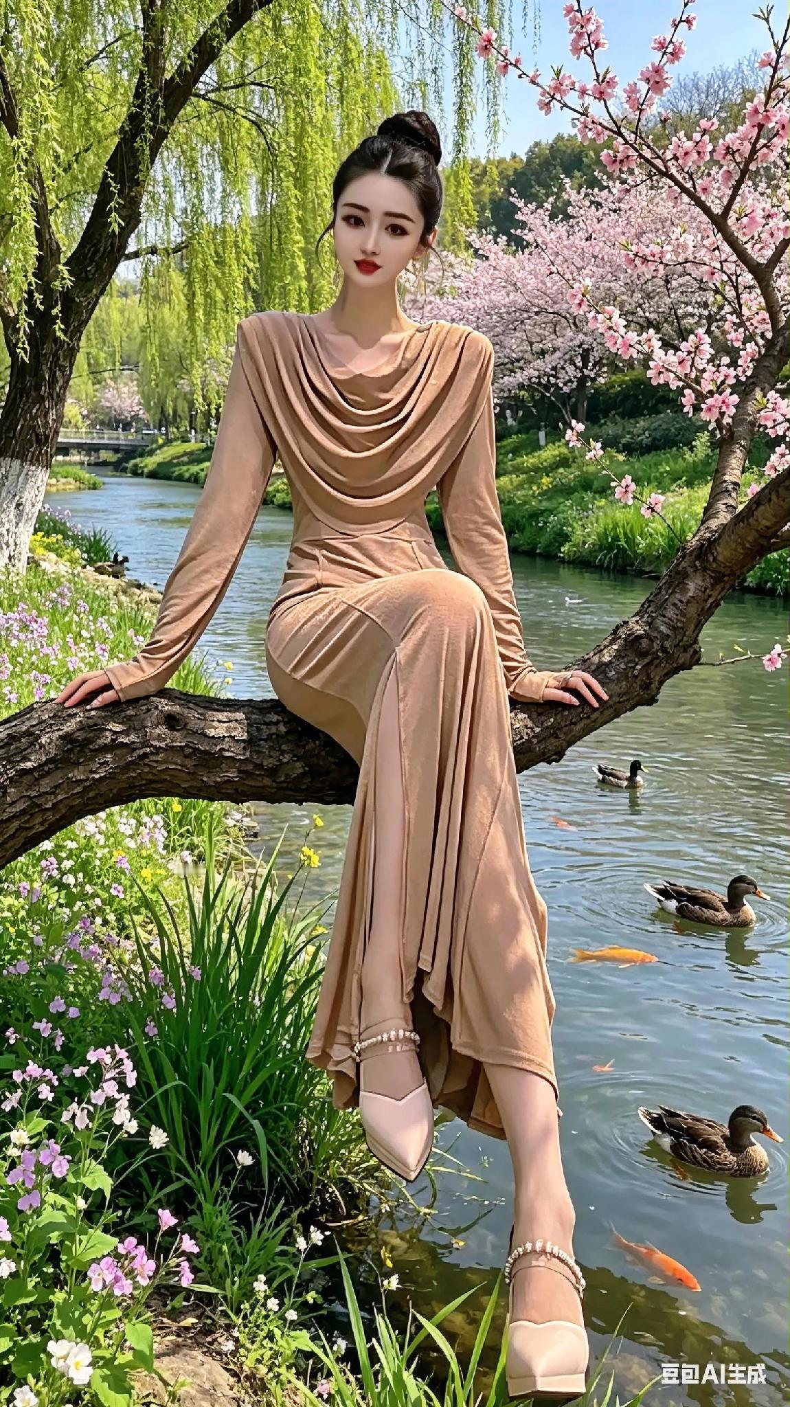 春风拂面来，美人倚树坐。春风吹绿岸边柳绿柳亲春风古典美人韵湖边美人