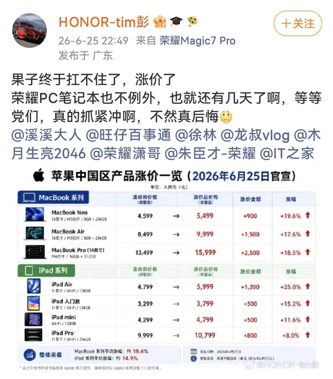 荣耀PC产品经理喊话大家了，想买PC抓紧吧，都得涨价，谁也扛不住！苹果作为最有