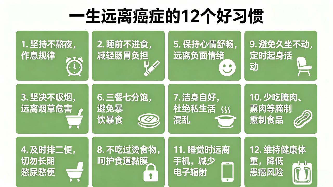 一生远离癌症的12个好习惯1. 坚持不熬夜，作息规律！2. 睡前不进食