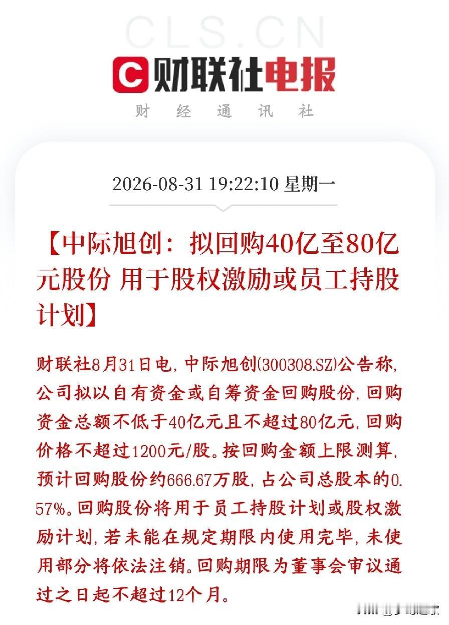 终于等到中际回购了，光模块板块要熬到头了中际旭创发布回购公告：计划拿出40‑8