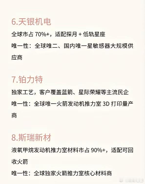 商业航天具备唯一性的十家公司1.中国卫星国内70%民用卫星制造，承接星网/