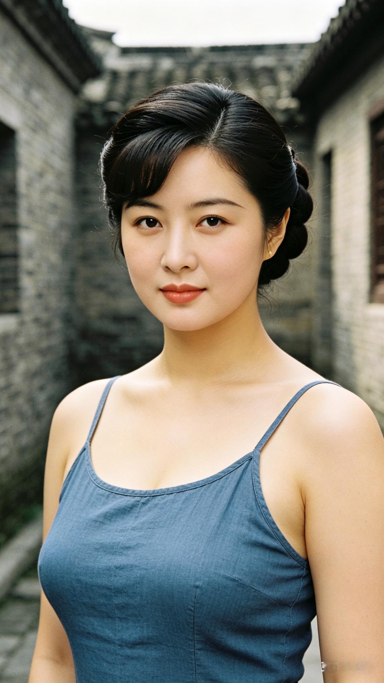 圆脸丰腴女子盘发斜刘海，蓝棉吊带布衫，青砖旧墙背景，白皙肌肤神色端庄，柔和自然光