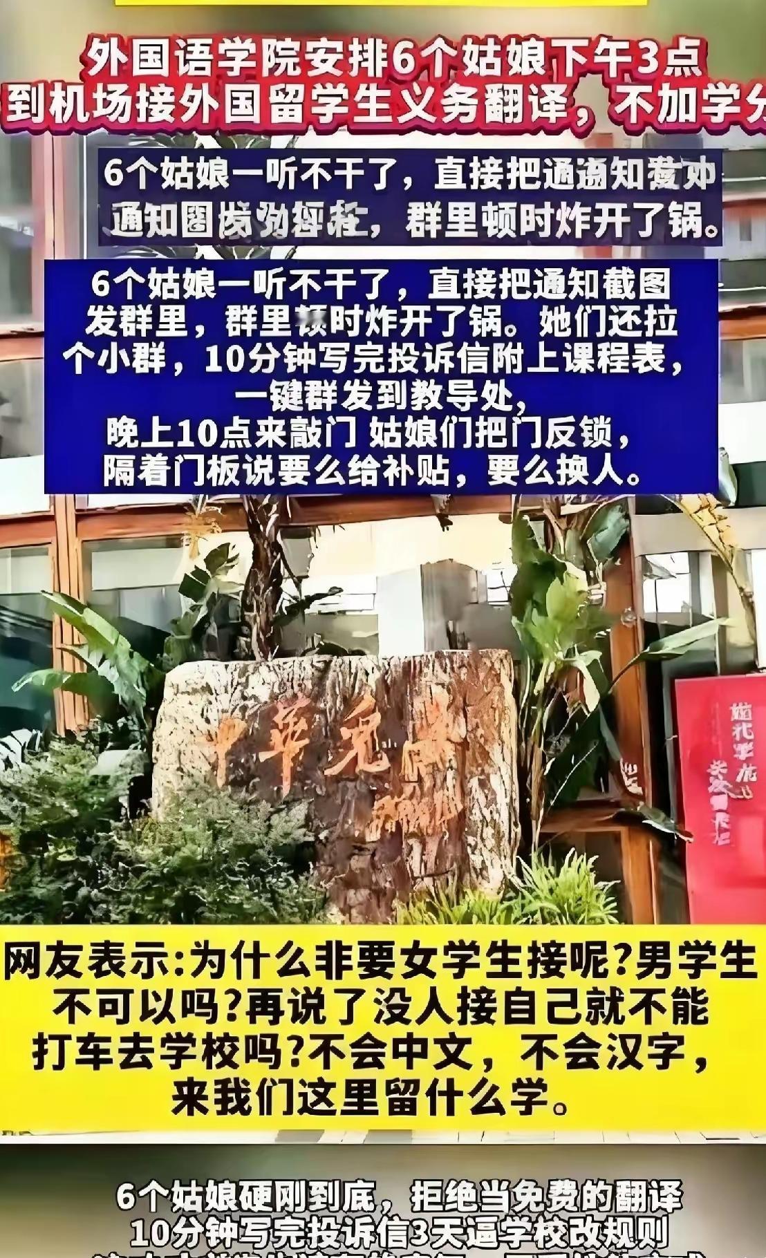 六位00后女生拒绝学校安排给不会中文的留学生当“随身翻译”，并向学校投诉，辅导员