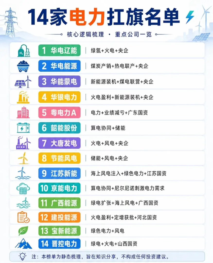 【电力板块扛旗手名单来了！14家核心公司逻辑梳理🔥】💡能源转型+电力刚需，