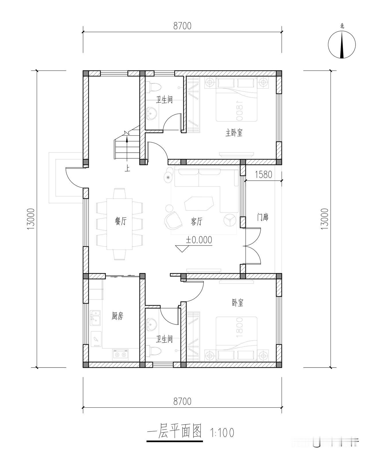 二层自建房户型布局，8.7米X13米！四房三厅四卫。砖混结构。一层布置客厅