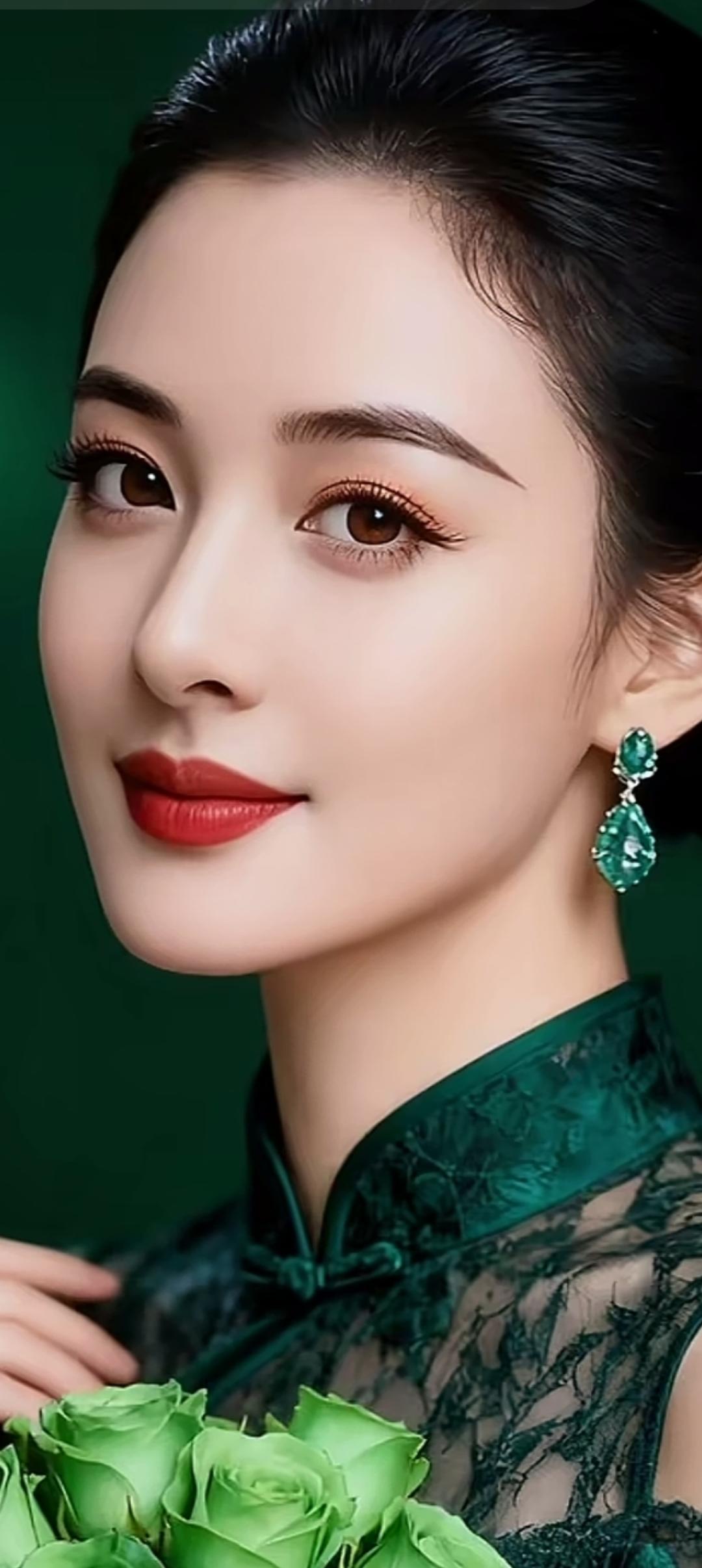 优雅绿裙美人，玫瑰相伴，尽显东方韵味