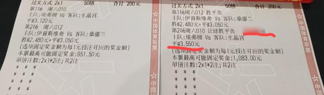 这两张彩票哪一张更有可能中？两张彩票唯一不同的地方是:010埃弗顿vs水晶宫这