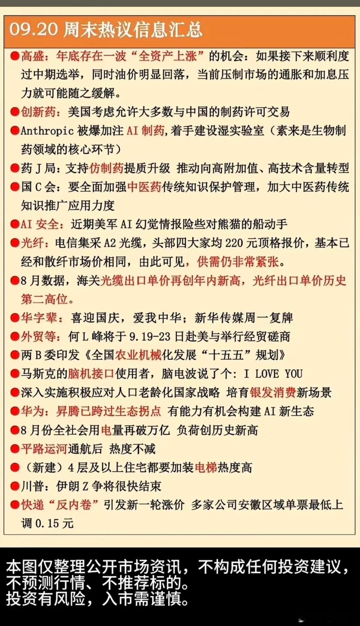 周末市场热议+财经热点信息！1.创新药，AI制药2.光纤光缆3.农业机械4.脑机