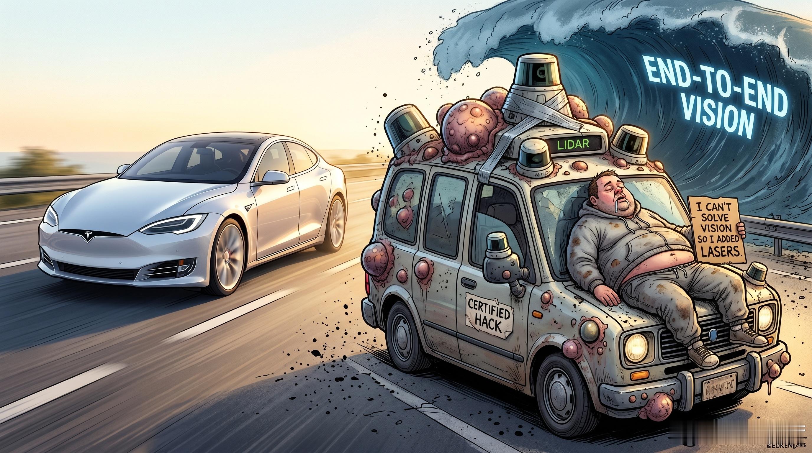 推特上，一个法国企业家谈了一下对“激光雷达”的看法，还AI了一张图，嘲讽带激光雷