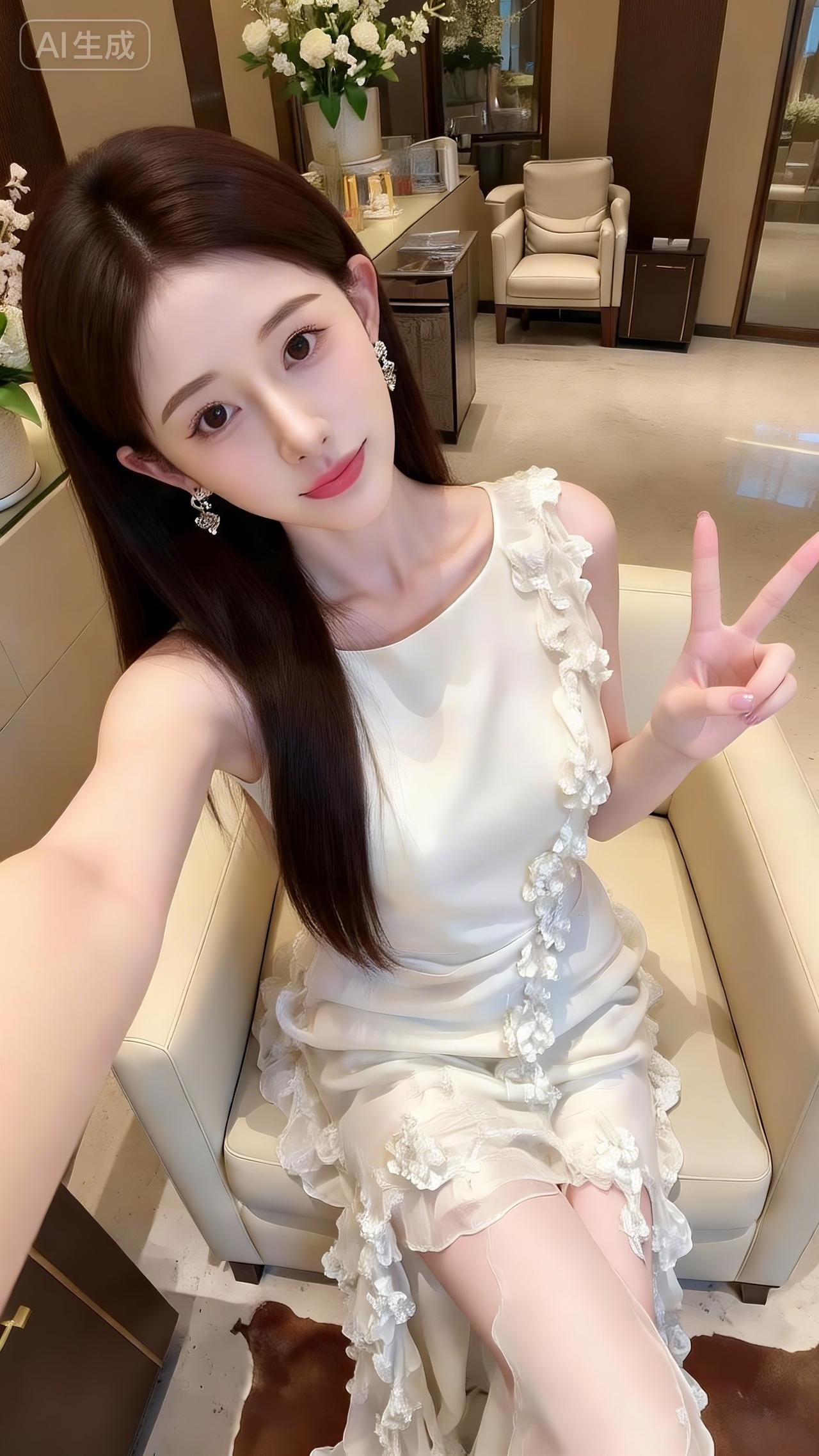 室内沙发的缎面甜裙好温柔奶白裙身缀着立体花饰，缎面柔光衬得气质软乎乎，抬手