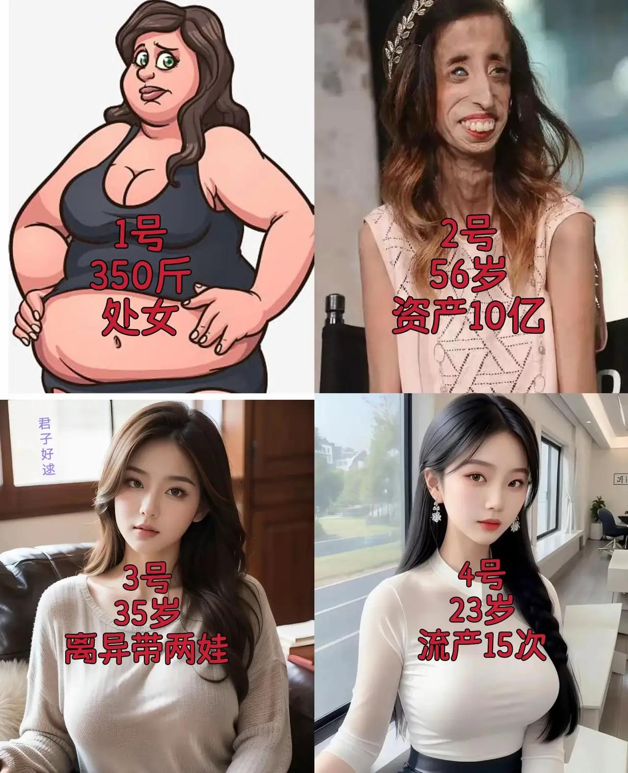 绝对不选1号，不少叠加的五花肉，也不选2号，钱倒是不少，但年纪大人还丑。商量过后