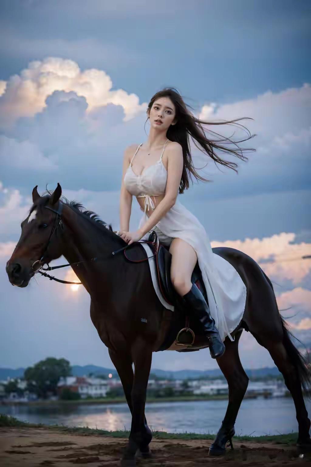 湖畔白裙女骑士暮云熔金染长天，湖畔神驹立风前。白裙飘举衬酥胸，长腿轻