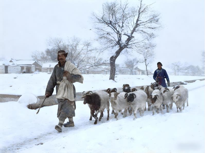 这张照片展现了清末北方雪地中赶羊人，积雪覆盖的道路上，两位赶羊人身着厚实的传统冬