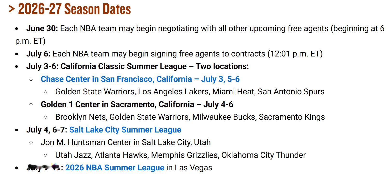 根据NBA官网公布的日程安排，7月1日周三早上6点，自由球员开始谈判，交易市场开