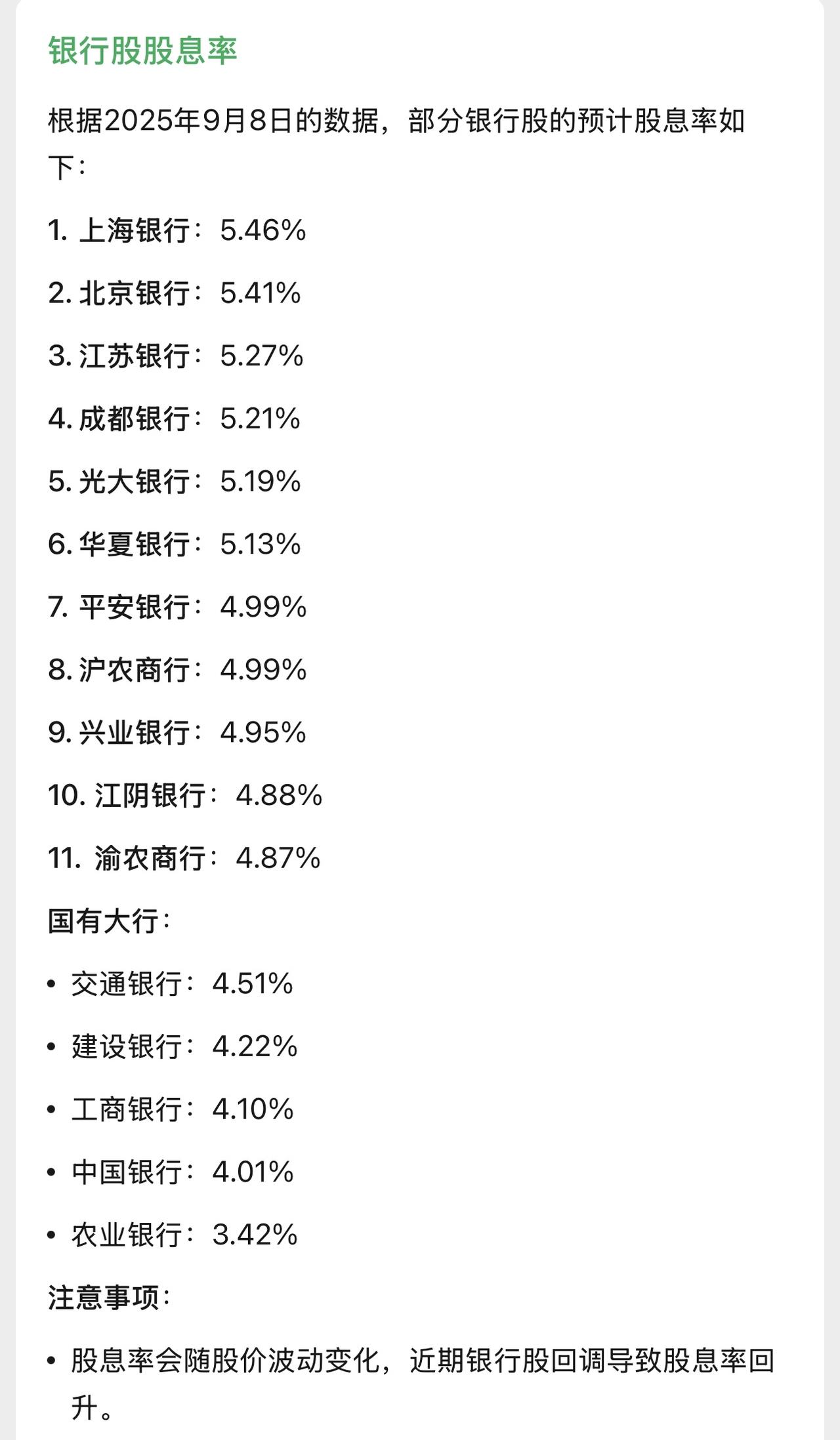 最近大部分银行股的股价跌了，性价比又出来了，部分银行股的股息率已经5%以上了，大