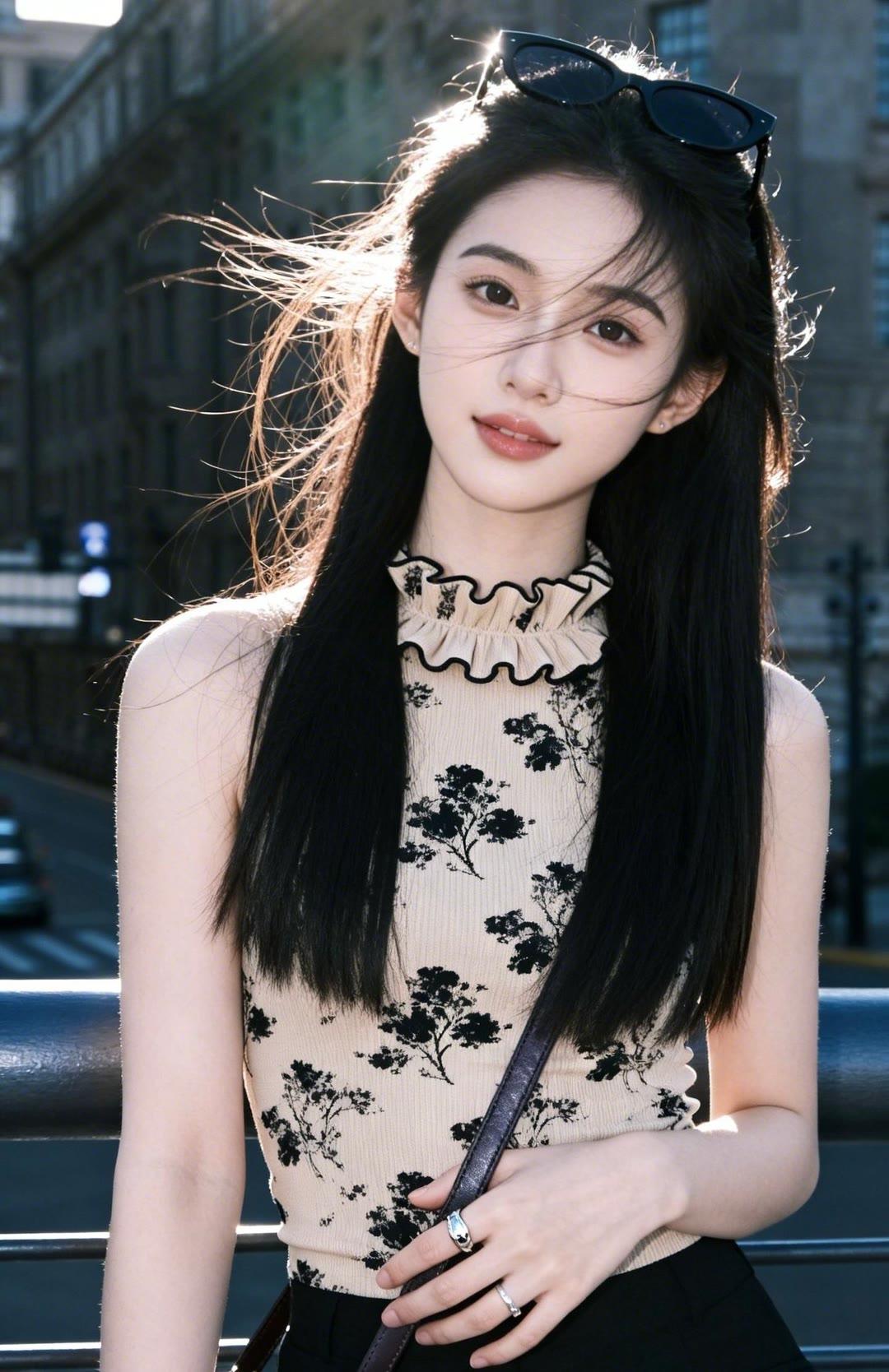 阳光下的甜美少女，黑发飘逸，微笑迷人。