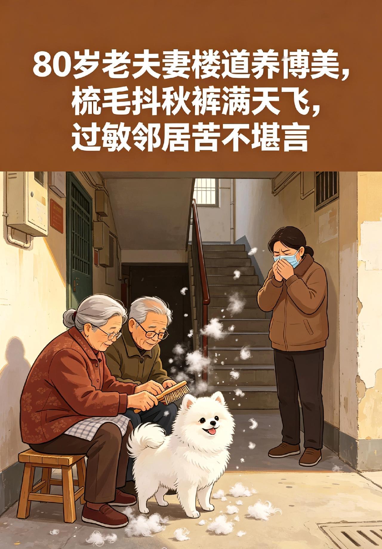 邻居新搬来一对80岁的老夫妻，他们养了2只博美犬，天天在楼道里给狗梳毛，还抖落满