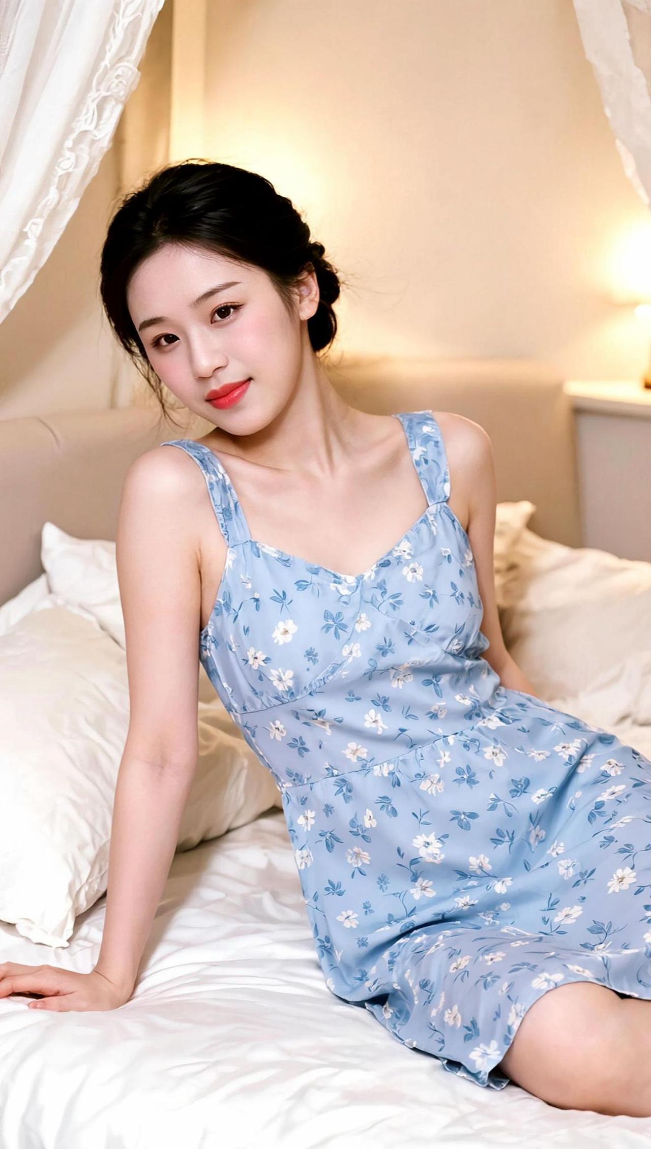 是谁把春天穿在了身上？这条裙子像是从画里走出来的，淡雅的蓝白配色，点缀着细腻的花