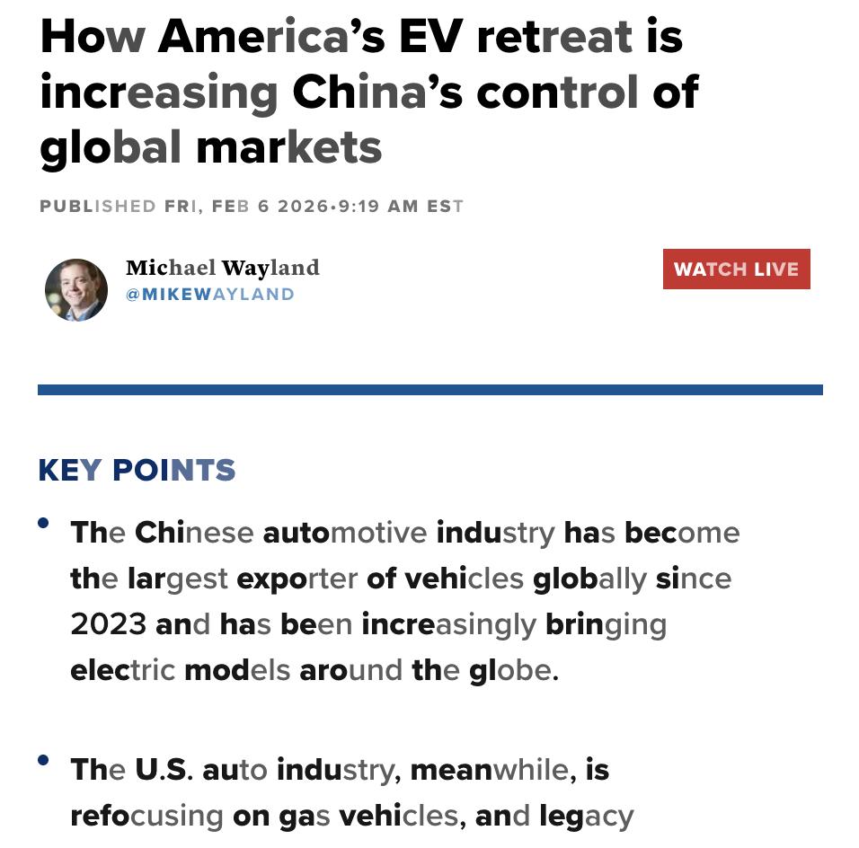 外媒：美国电动汽车（EV）产业的退潮正让中国在全球EV市场中占据更大份额。自20
