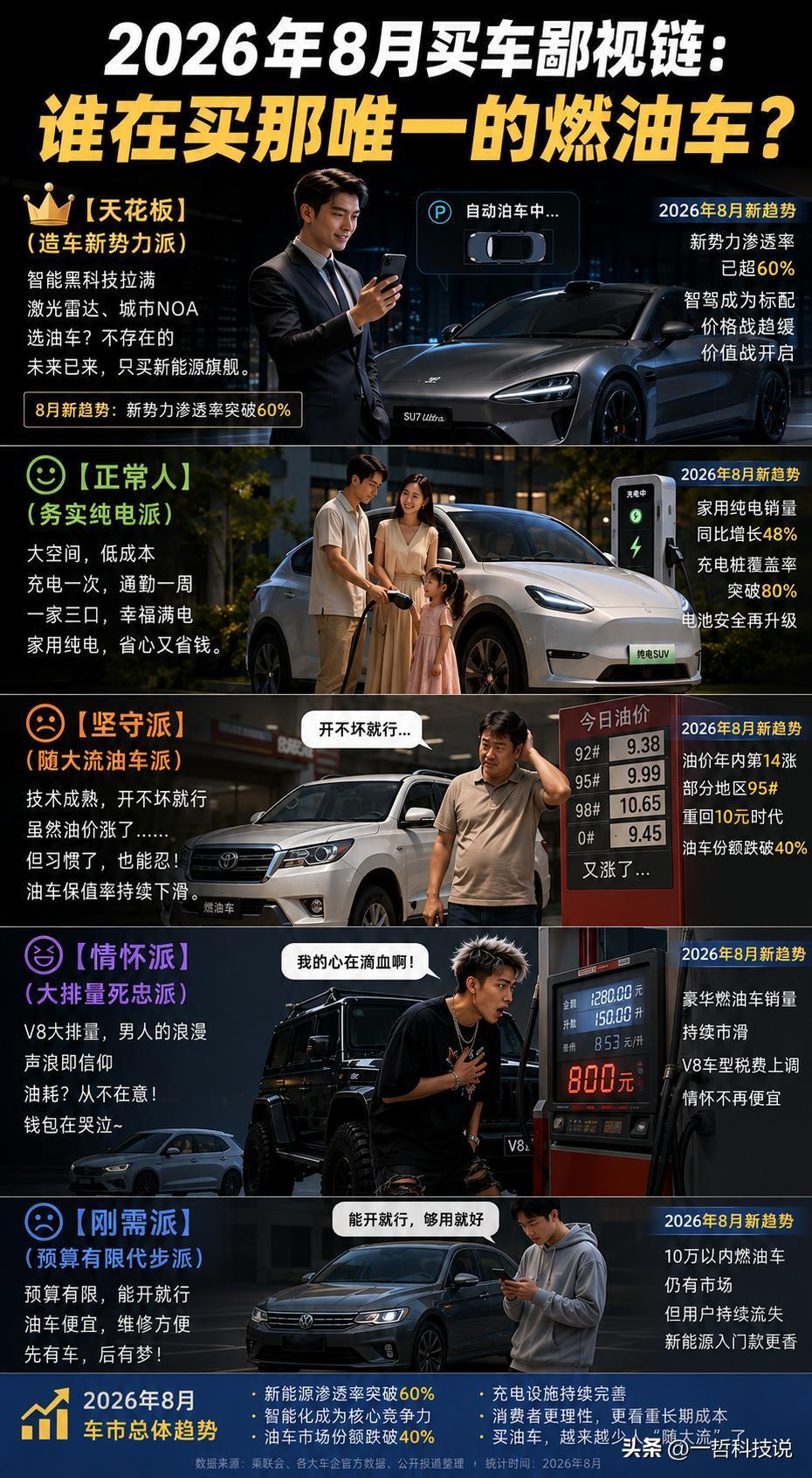 看了这张图，我发现燃油车真成8月买车鄙视链最低端了。第一类是【天花板派】，张