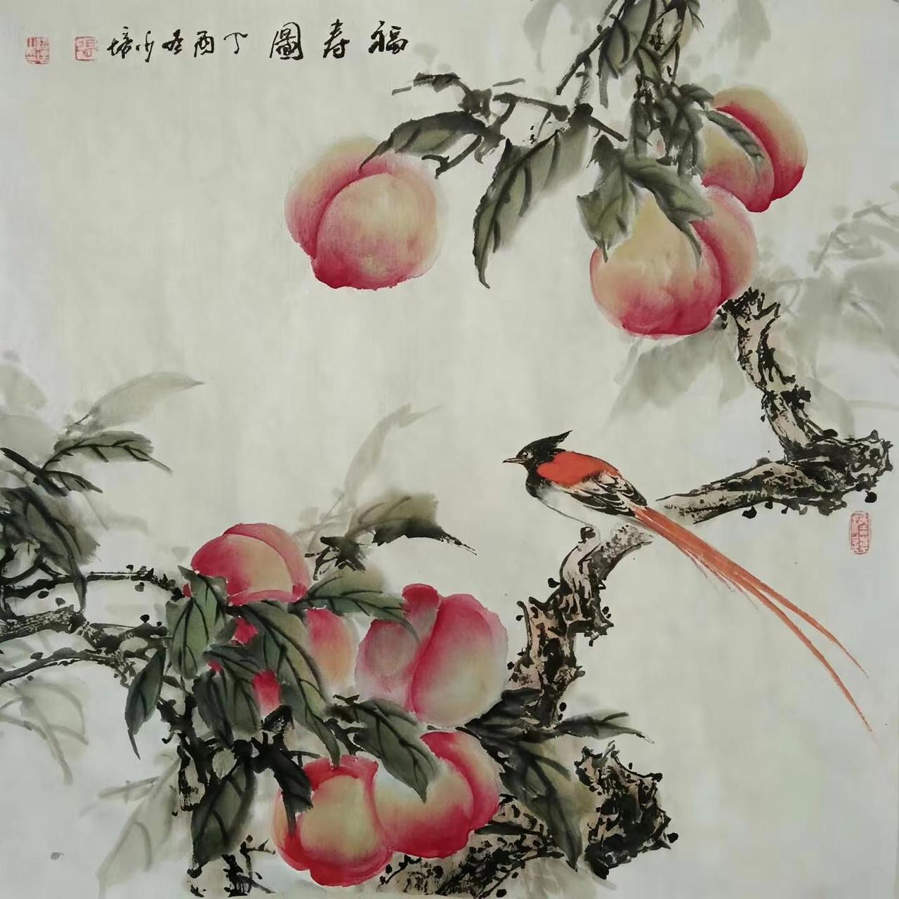 福寿图。花鸟画创作者中心创作灵感写意花鸟国画寿桃
