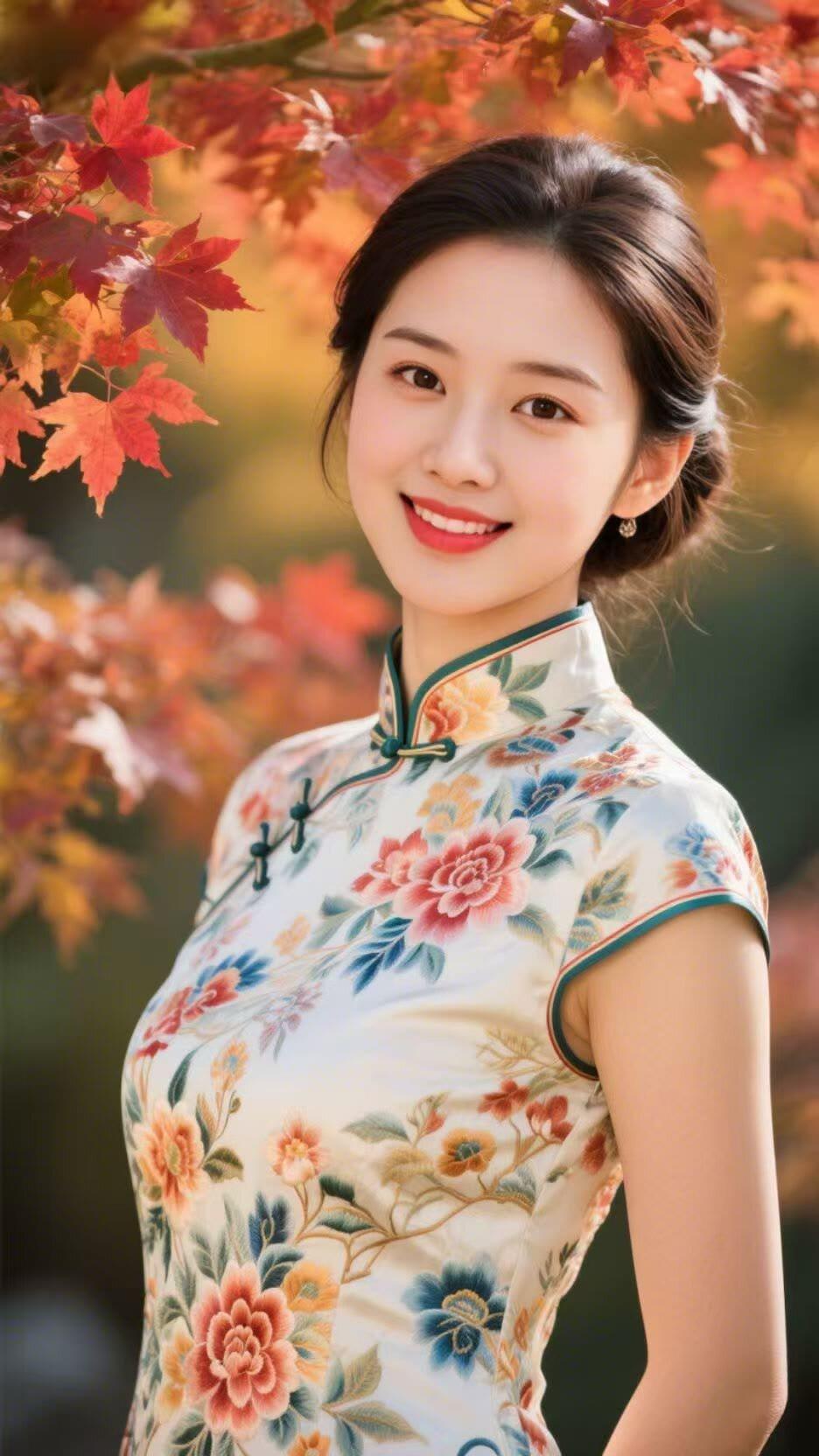 秋日暖阳下，笑靥如花的她，身着旗袍，尽显东方韵味。