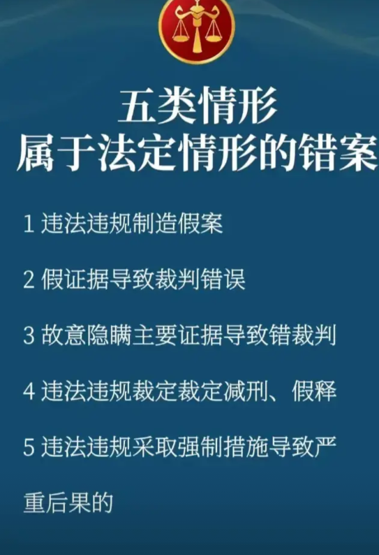 司法公正不容亵渎。这五类情形，属法定错案范畴。从制造假案到违法采取强制措施，每一