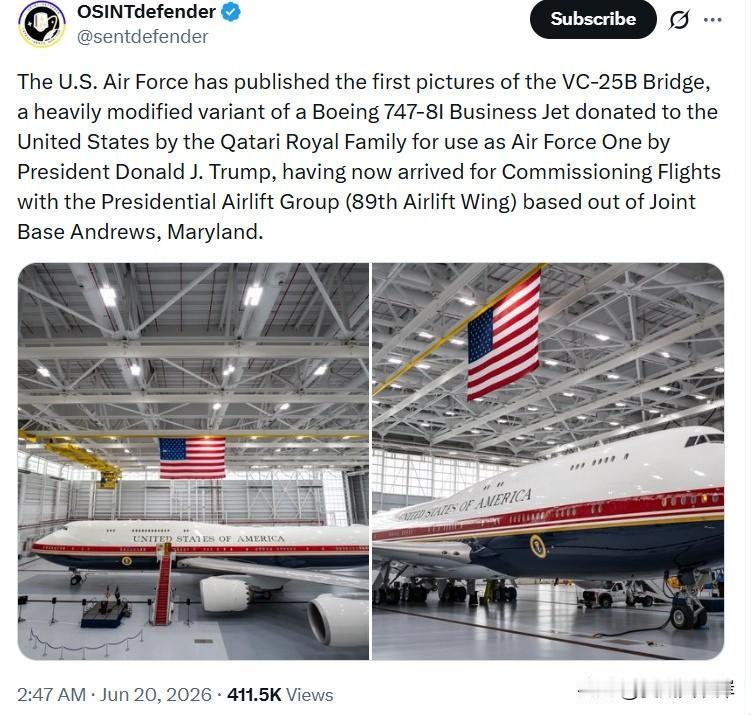 美国空军首次公开了VC-25B“桥梁号”专机实拍图。该机型是波音747-8I商务