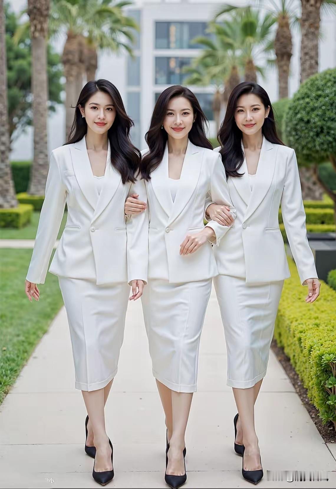 三大美女本就皮肤白的发亮，出门还穿上一身白色西装，路人正眼都不敢看怕吸睛。太耀眼