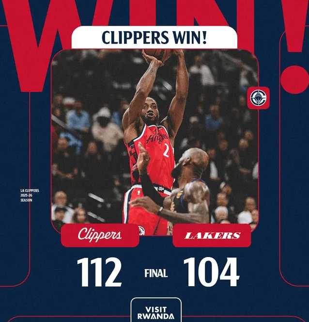 NBA常规赛，快船主场112-104战胜湖人。赛后，快船官方发布赢球海报：主场