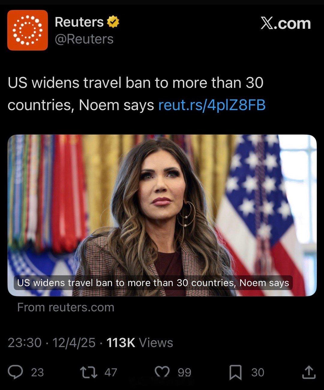 （路透社）——美国国土安全部长克里斯蒂·诺姆（KristiNoem）周四表示，