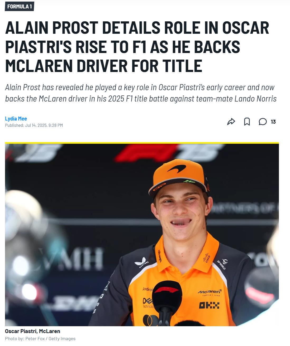 四届F1世界冠军阿兰·普罗斯特近日透露了他在奥斯卡·皮亚斯特里职业生涯中扮演的角