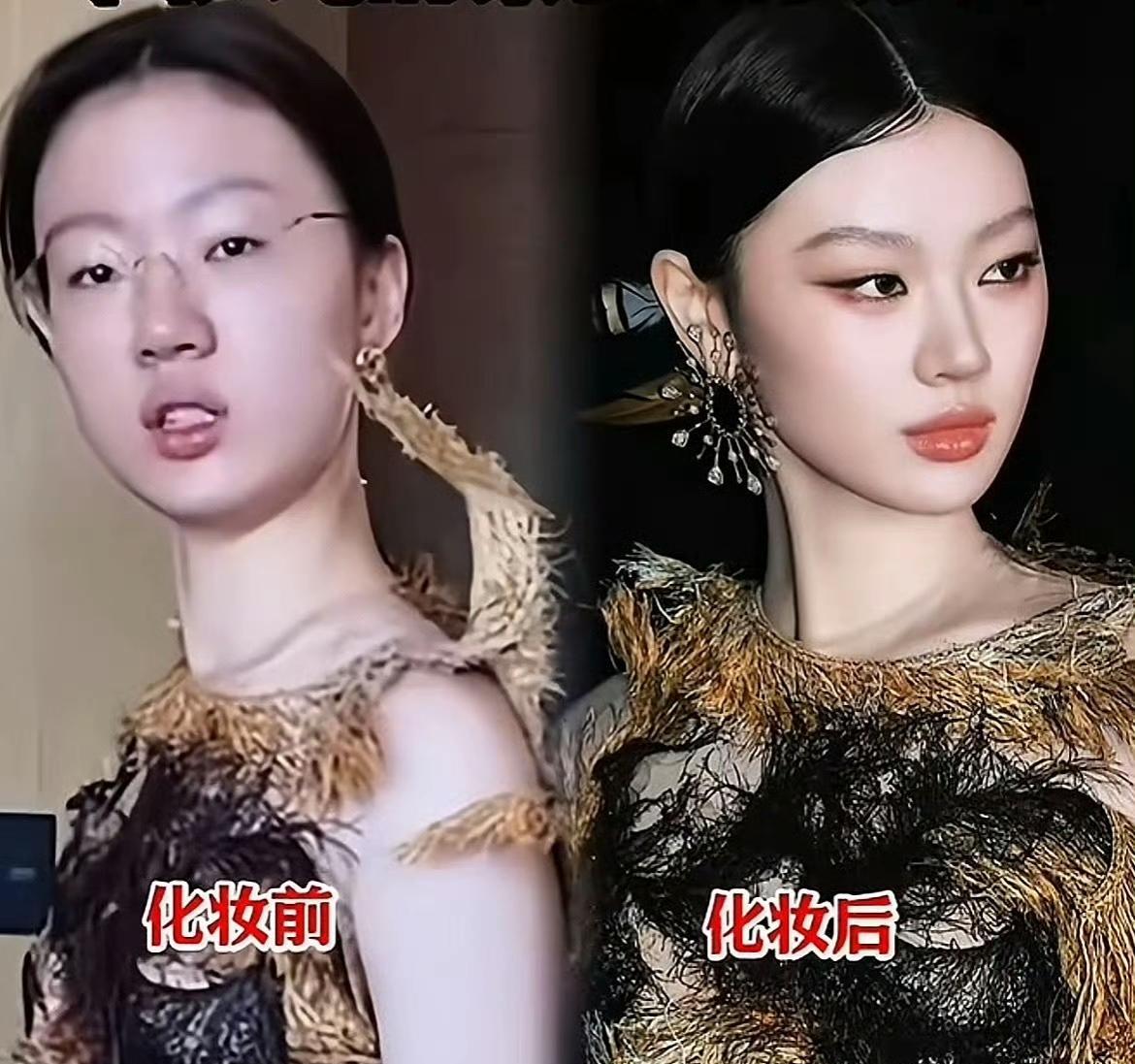 单依纯素颜差点没认出来，化妆前后差距这么大，可能是眼镜的缘故吧。单依纯是真不在意