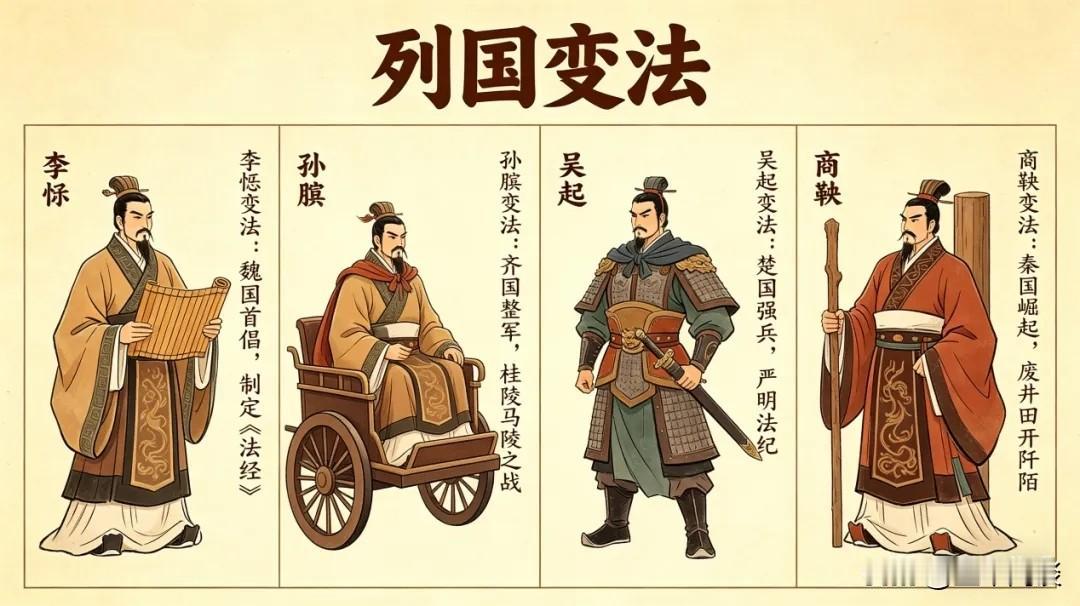 同时期的变法，除了秦国的商鞅，还有魏国的李悝，楚国的吴起，齐国的孙膑，韩国的申不