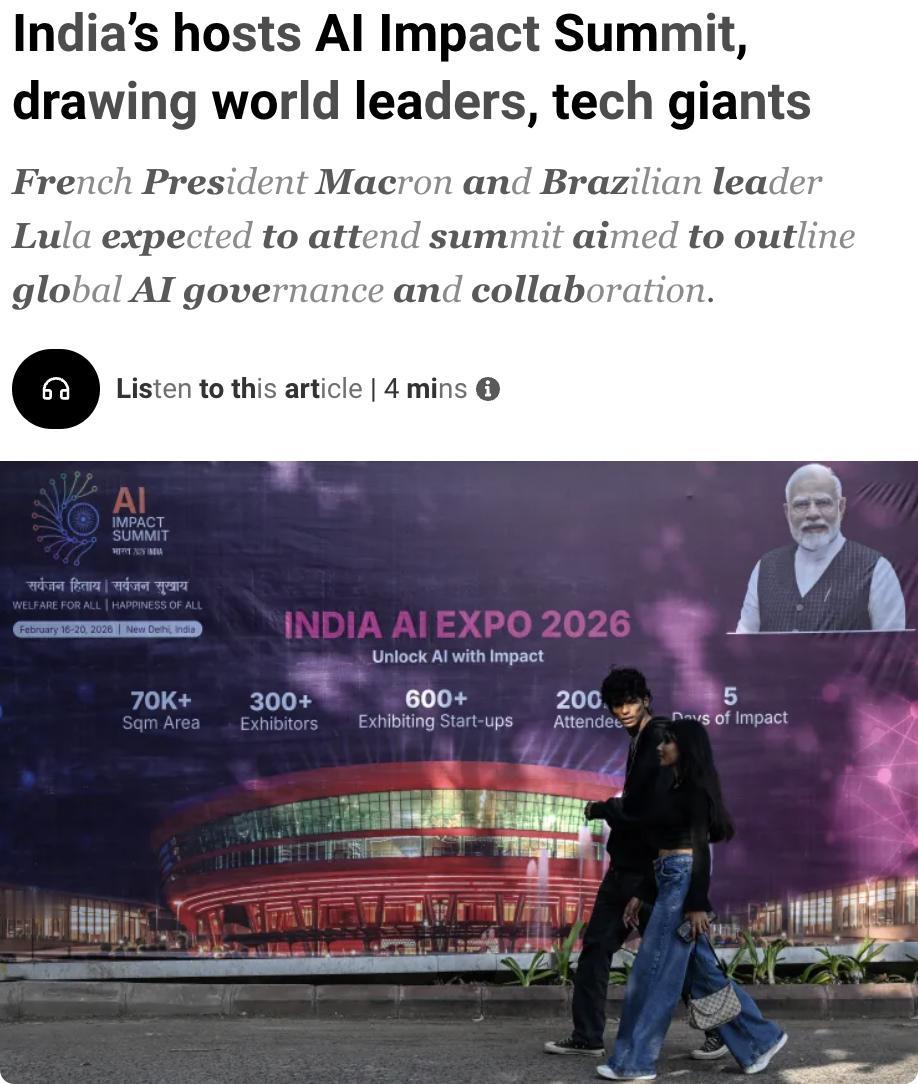 外媒：印度于2026年2月16日在新德里举办AI影响峰会，吸引了全球20位国家领