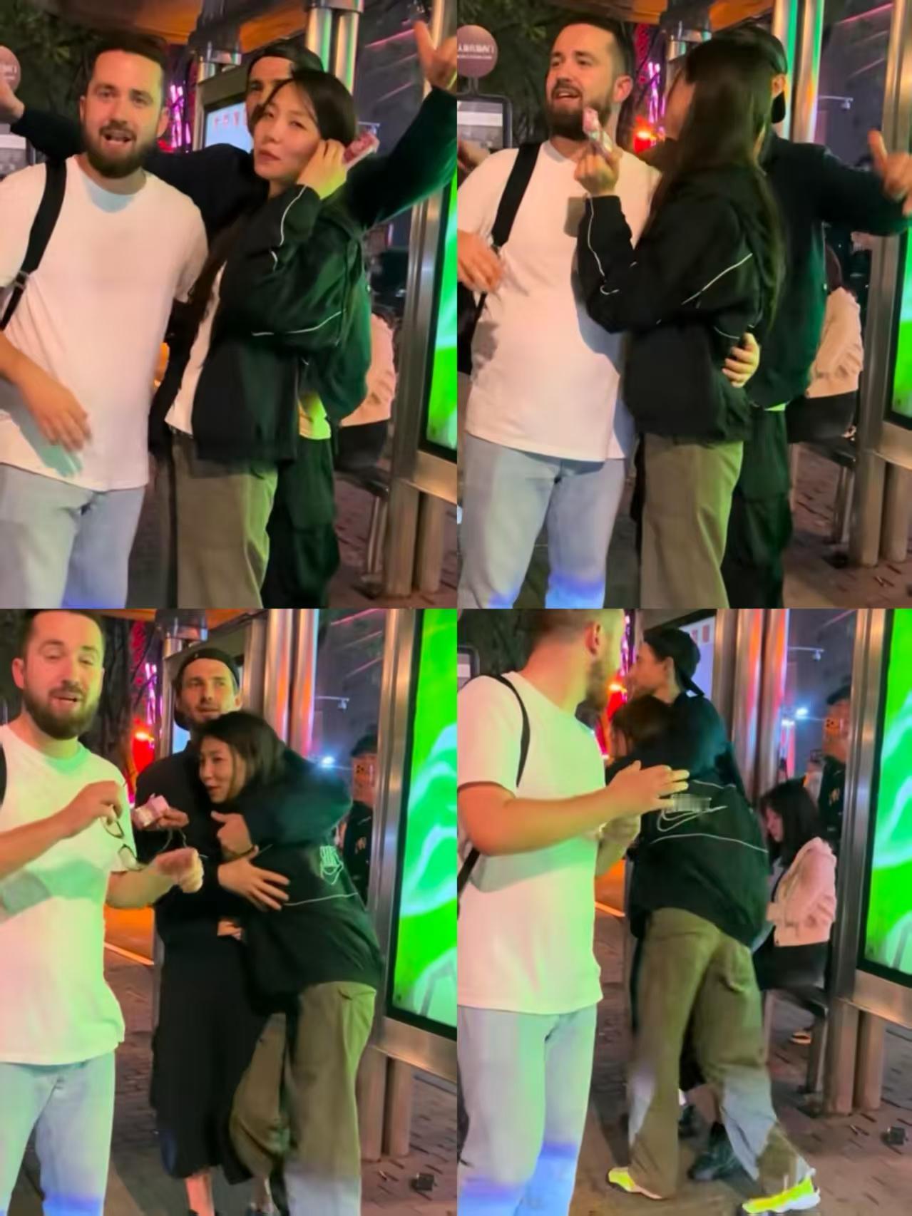 深夜三里屯公交车站的一幕，把我看不会了，三个人关系好复杂。女生和两位老外有点微醺