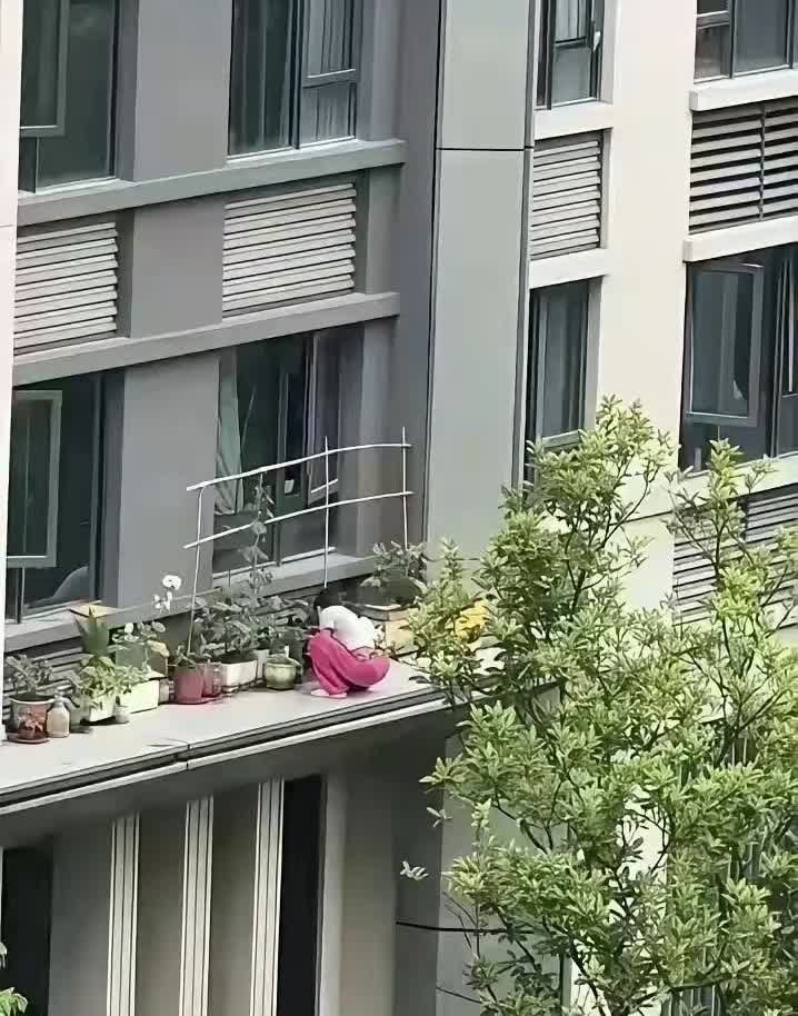 在网上看到两张照片，一个女子在自家阳台上种花，这个阳台居然没有护栏。这种淡定