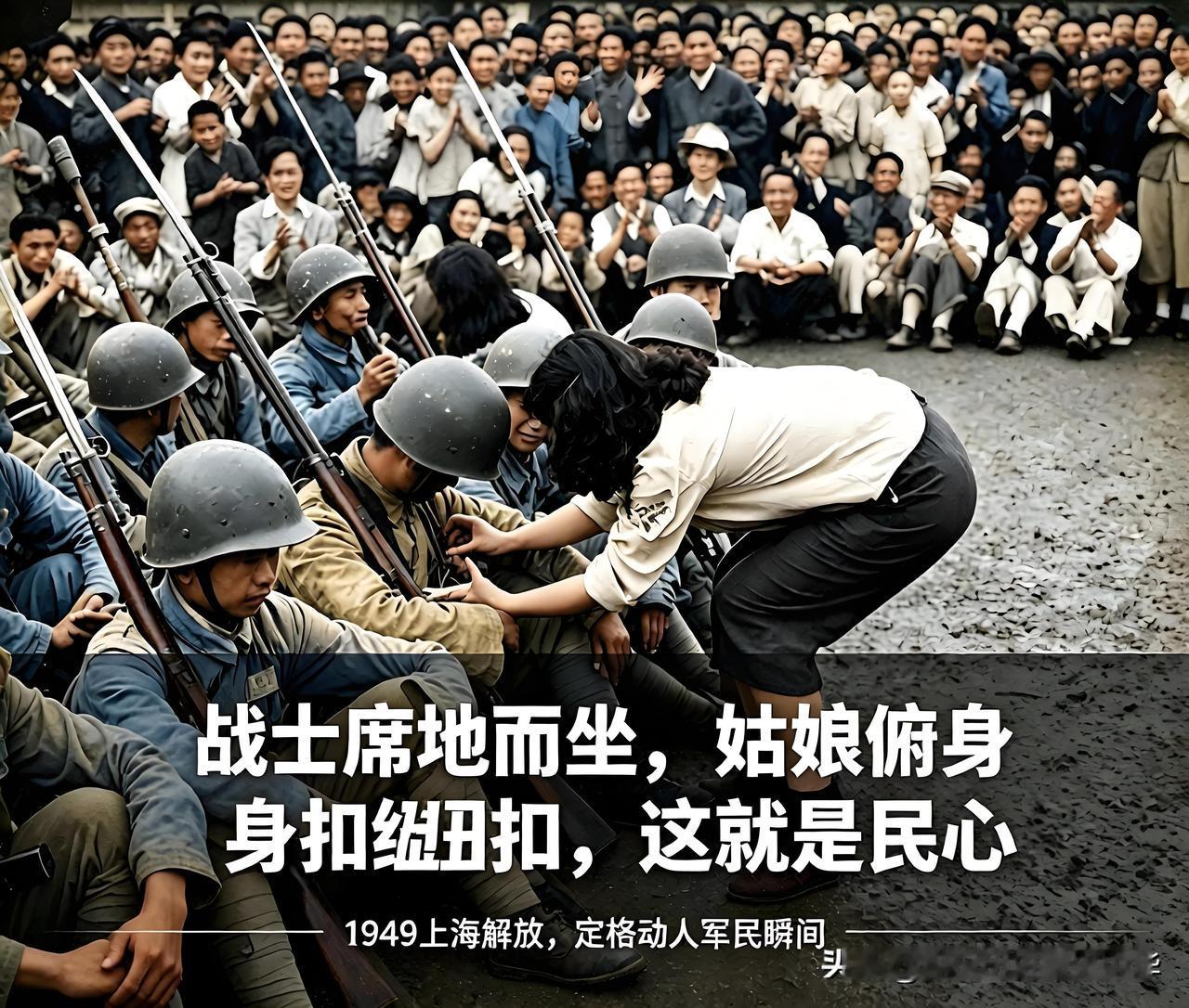 女学生俯身，为解放军战士扣上军装纽扣 这是上海解放时期一张极具温度的经典老