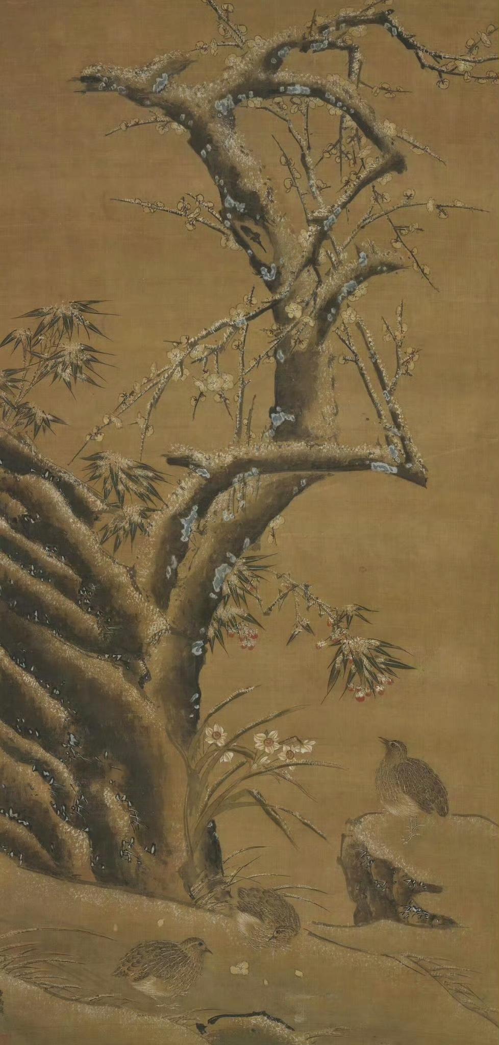 南宋马麟《梅竹鹌鹑图》：雪地里的平安意趣台北故宫藏的这幅《梅竹鹌鹑图》，