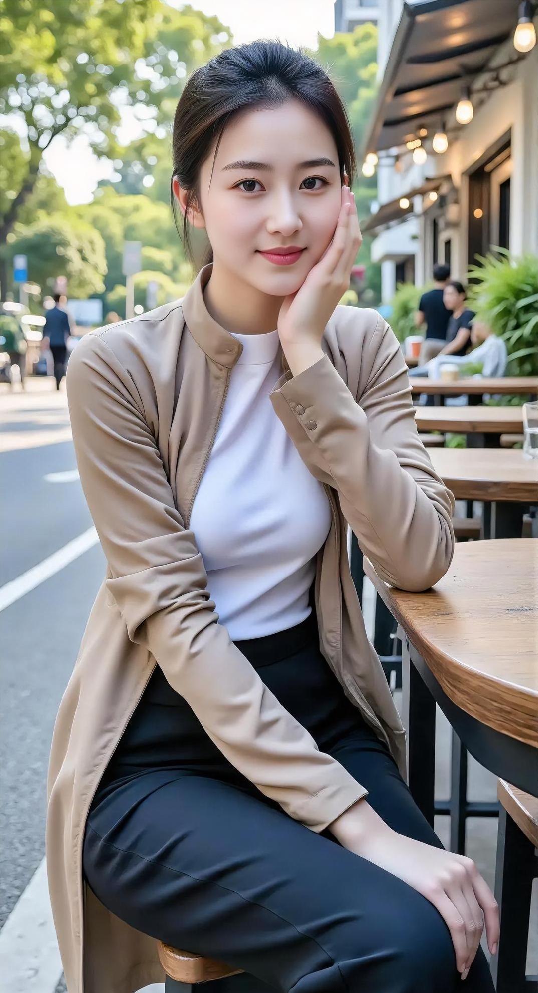 街角微风轻拂面，卡其外套配白衫。手托香腮笑盈盈，闲坐木桌意悠然。